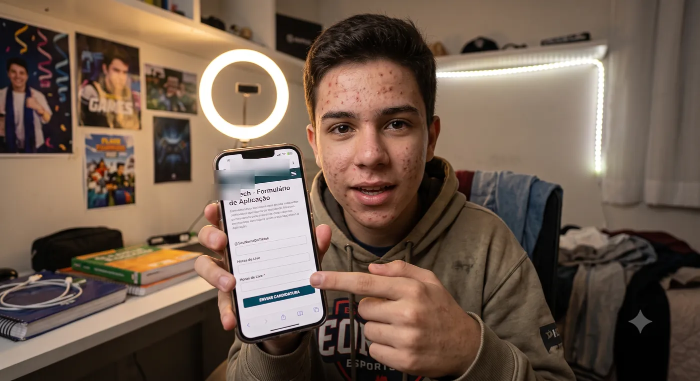 Jovem streamer segurando o celular animado com o formulário de candidatura da Pro Live Creators